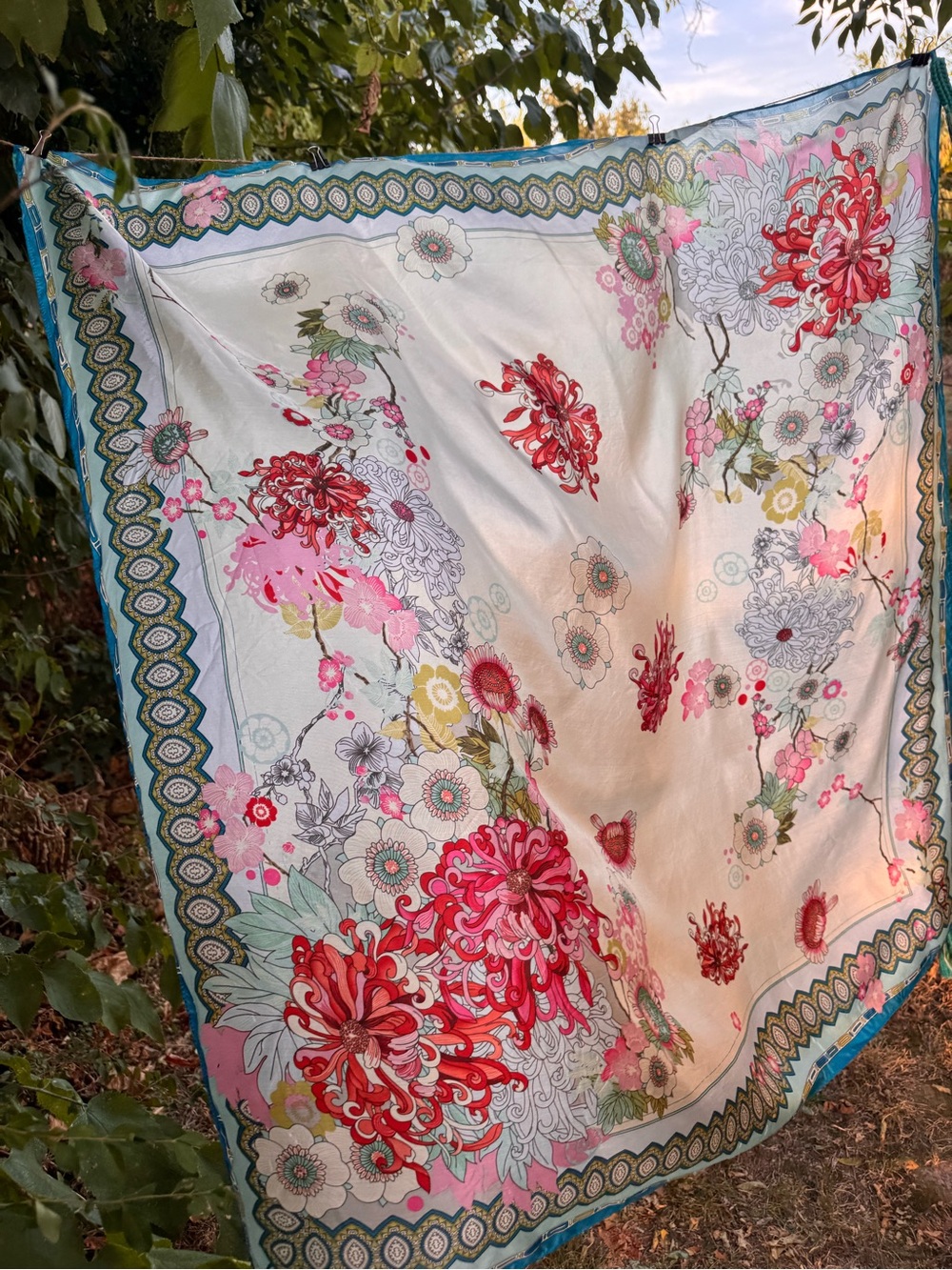 42” Oversized Floral Square Scarf Shawl Turquoise Tassels Boho Statement